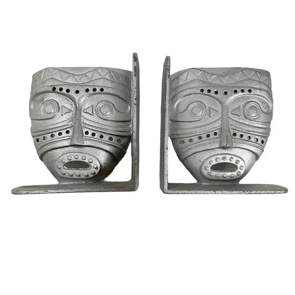 Tiki Mask Inspired Cast Iron Metal Bookends